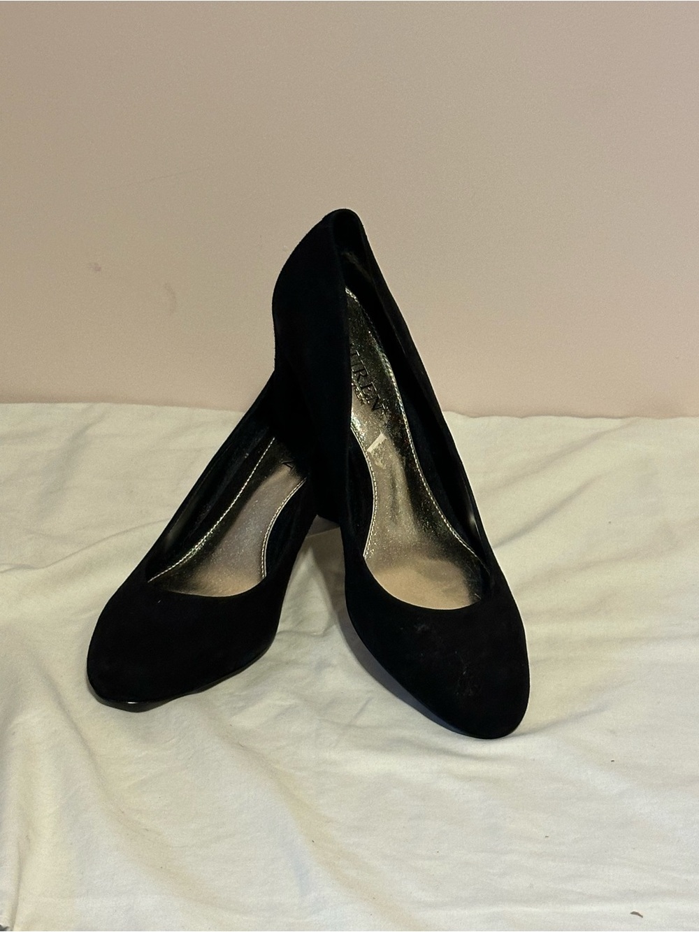 Lauren Ralph Lauren Hala Black Suede Round Toe Block Heel Pumps 8B